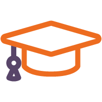 Simplified orange graduation cap with a purple tassel on the left side.