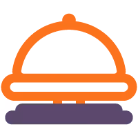 Orange and purple icon of a food cloche or serving dome on a tray, symbolizing hospitality or food service.