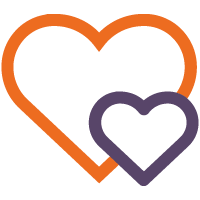 Two overlapping heart outlines, one larger orange heart and one smaller purple heart in front.