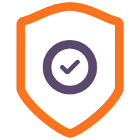 Orange shield outline with a dark purple circle and check mark in the center representing security or protection.