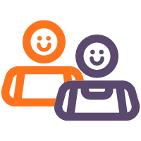 Icon of two smiling people, one in orange and the other in purple, side by side representing partners or collaboration.