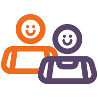Icon of two smiling people, one in orange and the other in purple, side by side representing partners or collaboration.