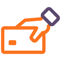 Stylized icon of an orange hand holding a rectangular card with a small rectangular chip on it, representing payment solutions.