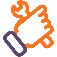 Illustration of an orange hand holding a wrench over a purple wristband, symbolizing technical support or repair services.