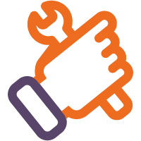 Illustration of an orange hand holding a wrench over a purple wristband, symbolizing technical support or repair services.