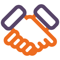 Icon showing two hands shaking, with the hands in orange and the sleeves in purple, representing partnership or agreement.