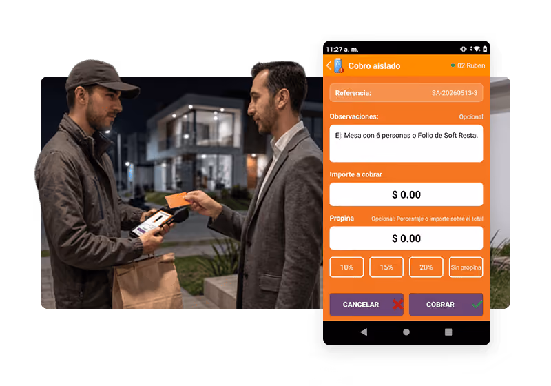 A delivery person wearing a cap and jacket holds a payment device and paper bag, while a customer in a suit uses a card to pay outdoors at night, next to a screenshot of a mobile app for isolated payment showing fields for reference, observations, amount to charge, tip options, and buttons to cancel or charge.