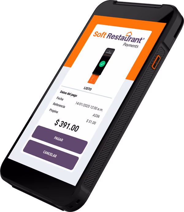 Payment terminal displaying Soft Restaurant Payments app with payment details including date 14/01/2025, reference A336, tip $51.00, total $391.00, and options to pay or cancel.