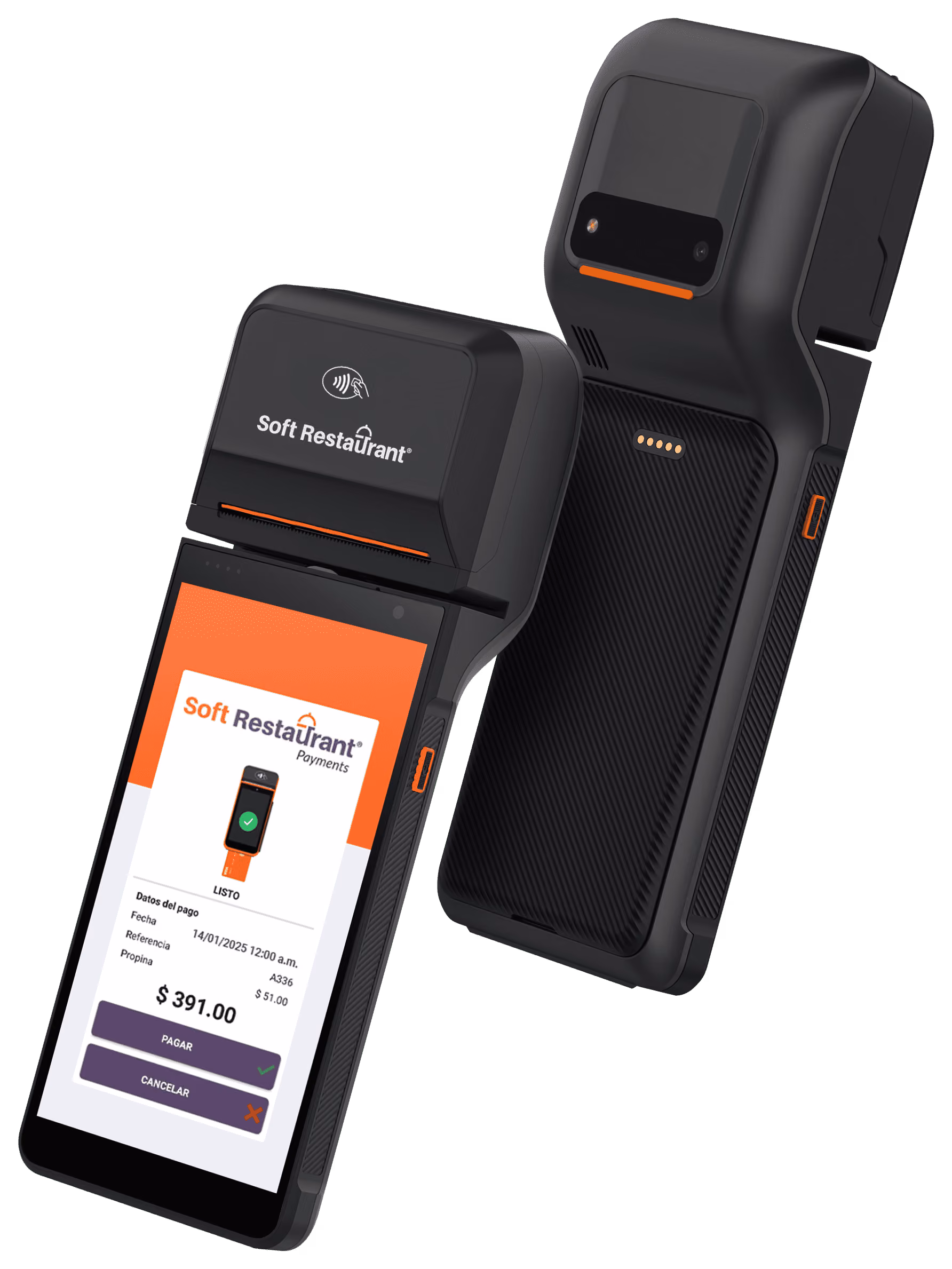 Two black Soft Restaurant payment terminals, one showing a touch screen with payment confirmation for $391.00, featuring options to pay or cancel.