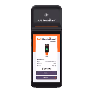 Soft Restaurant electronic payment terminal displaying a transaction screen with payment amount $391.00, options to pay or cancel, and transaction details including date, time, and reference number.