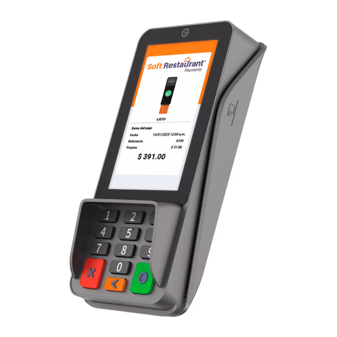 Gray payment terminal with keypad and display showing Soft Restaurant Payments, a payment confirmation for $391.00 including tip of $51.00.