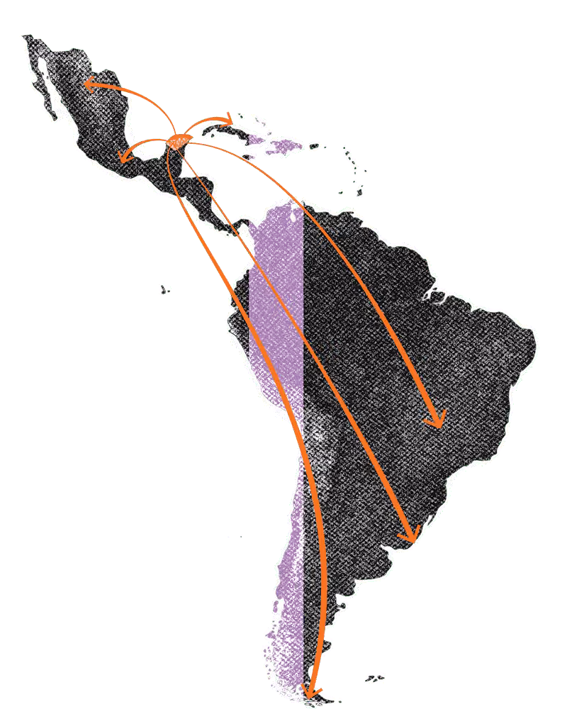 Map of Latin America with orange arrows originating from Central America pointing to Mexico, Caribbean islands, northern South America, southern South America, and eastern South America. Some countries are highlighted in light purple.
