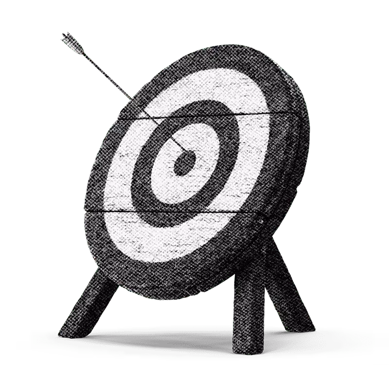 A textured black and white archery target with concentric circles and an arrow precisely hitting the bullseye, standing on three legs with a shadow beneath.