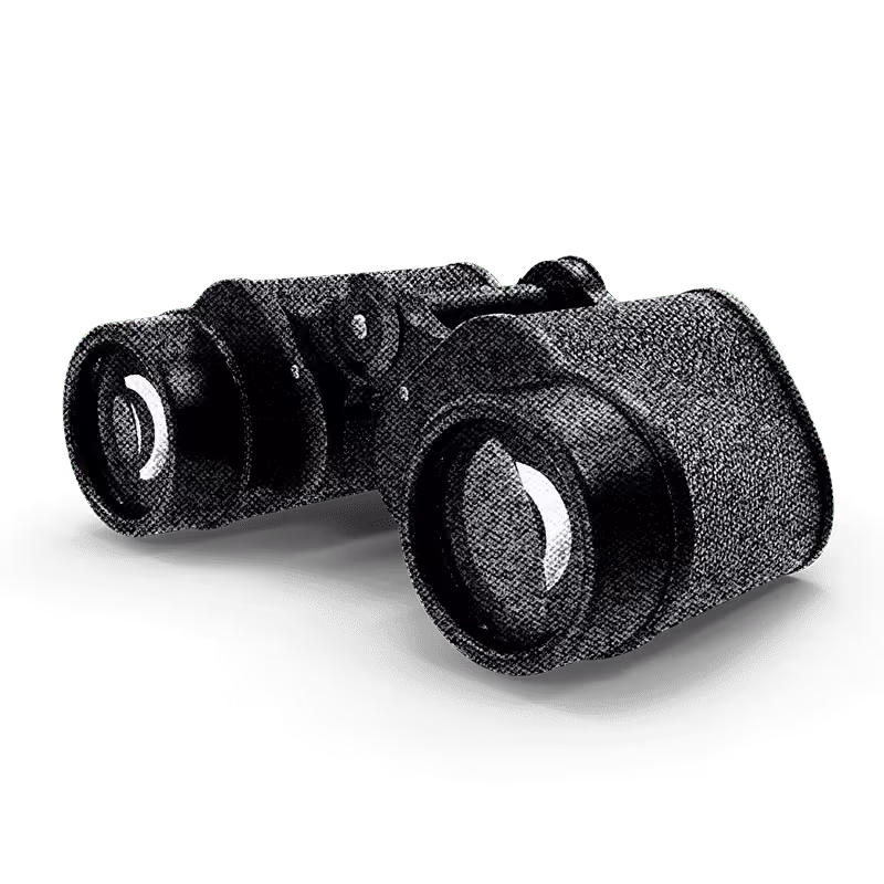 Black binoculars with textured grips casting a shadow on a plain background.