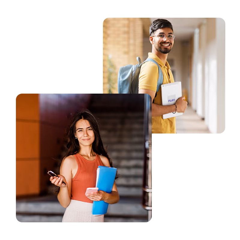 A smiling young man with glasses, wearing a yellow shirt and backpack, stands in a sunlit hallway holding a tablet, behind a smiling young woman with long dark hair wearing a sleeveless orange top holding phone, keys, and blue folder, standing in front of stairs.