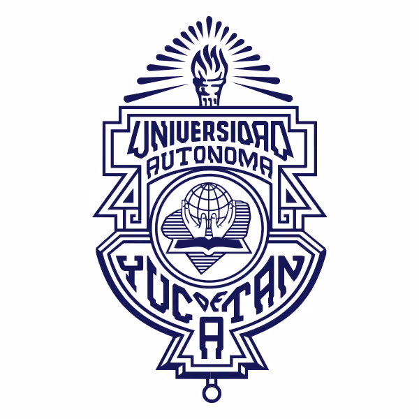 Logo of Universidad Autónoma de Yucatán featuring a torch with rays above and a globe held by two hands above a book in the center, surrounded by geometric borders and the university name in stylized text.