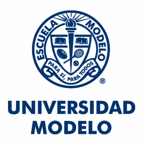 Logo of Universidad Modelo featuring a circular emblem with a torch, two open books, a computer mouse, and a tennis racket, surrounded by the text 'Escuela Modelo' and the motto 'Para sí, para todos' below, with 'Universidad Modelo' written beneath the emblem.