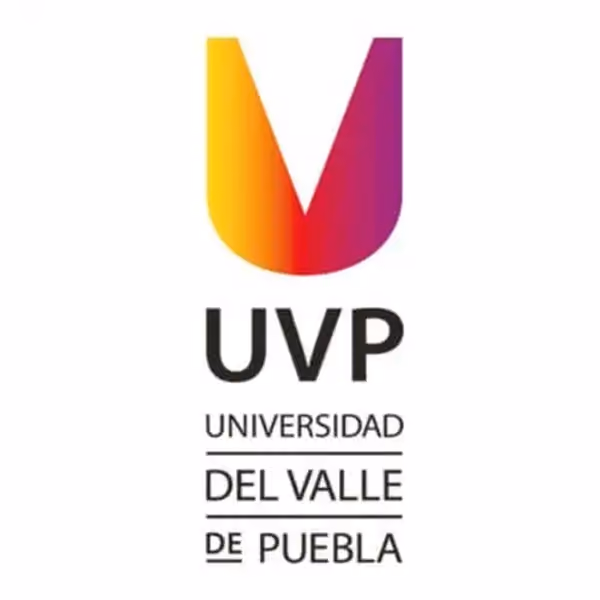 Logo of Universidad del Valle de Puebla featuring a stylized letter V with a gradient from yellow to magenta above the acronym UVP and the full name in Spanish below.