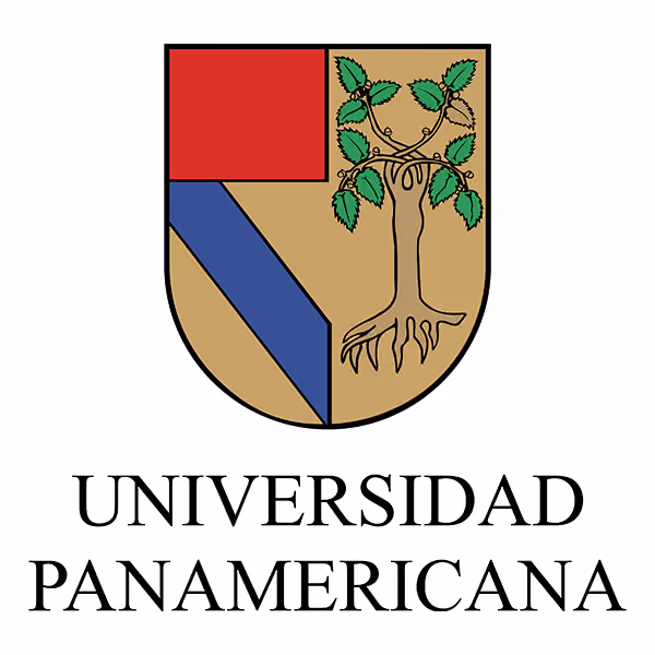 Shield-shaped emblem divided vertically with a red square in the upper left, a diagonal blue stripe below it, and a stylized tree with green leaves and visible roots on the right, above the text 'UNIVERSIDAD PANAMERICANA' in capital letters.