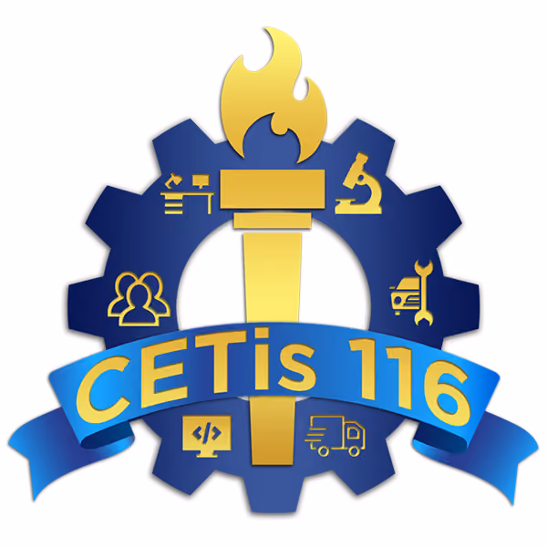 Logo featuring a gold torch flame in the center of a dark blue gear with icons representing education, science, teamwork, mechanics, computing, and logistics around it, with a blue ribbon that reads 'CETis 116.'