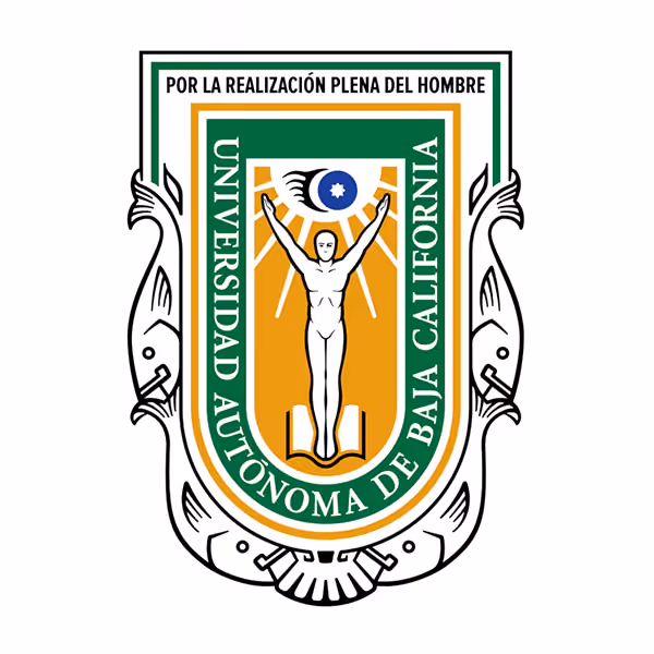 Emblem of Universidad Autónoma de Baja California featuring a human figure with arms raised, standing on an open book, with a blue eye and radiating lines above, surrounded by green and gold shield and the motto 'Por la realización plena del hombre'.