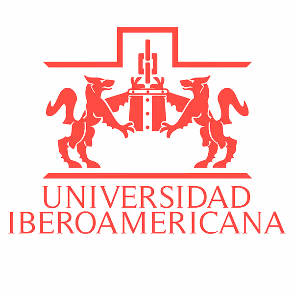 Red emblem of Universidad Iberoamericana featuring two stylized animals facing each other with a central architectural shape and the university name below.