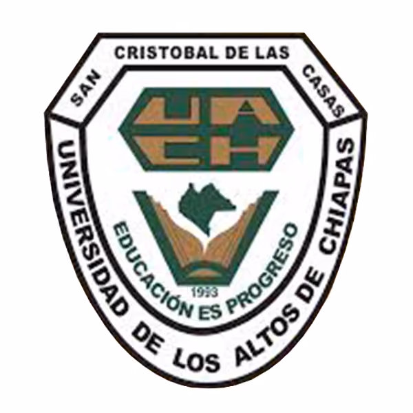 Shield emblem of Universidad de Los Altos de Chiapas, San Cristobal de Las Casas, featuring green and brown stylized initials UACH above an open book with a green map silhouette and the motto 'Educación es progreso' with the year 1993.
