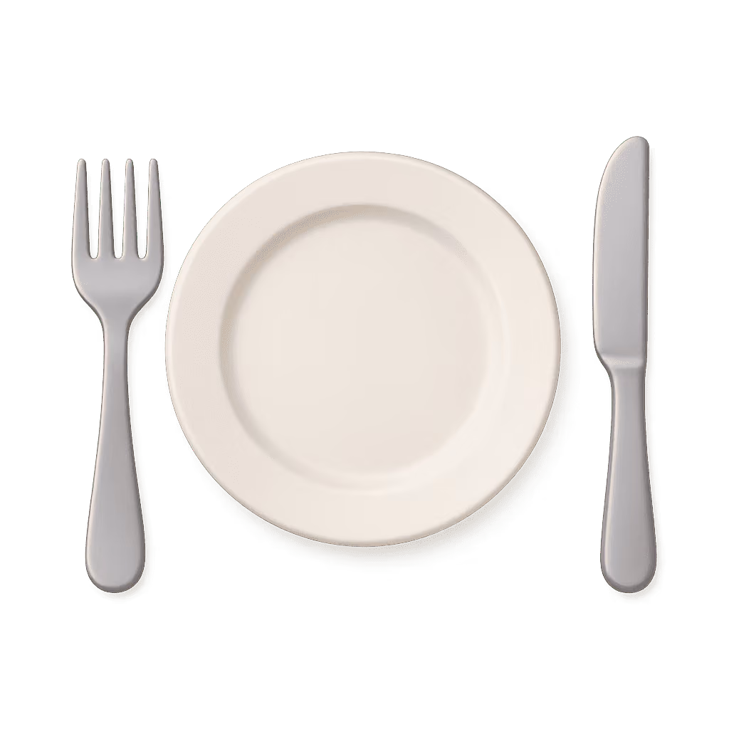Empty white plate with a fork on the left side and a knife on the right side on a plain background.