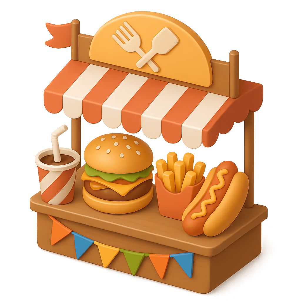 3D illustration of a fast food stand with a striped red and white canopy, showcasing a soda with a straw, a cheeseburger with lettuce, a serving of French fries, and a hot dog topped with mustard, decorated with colorful triangular flags below the counter and a sign featuring a fork and spatula crossed above.