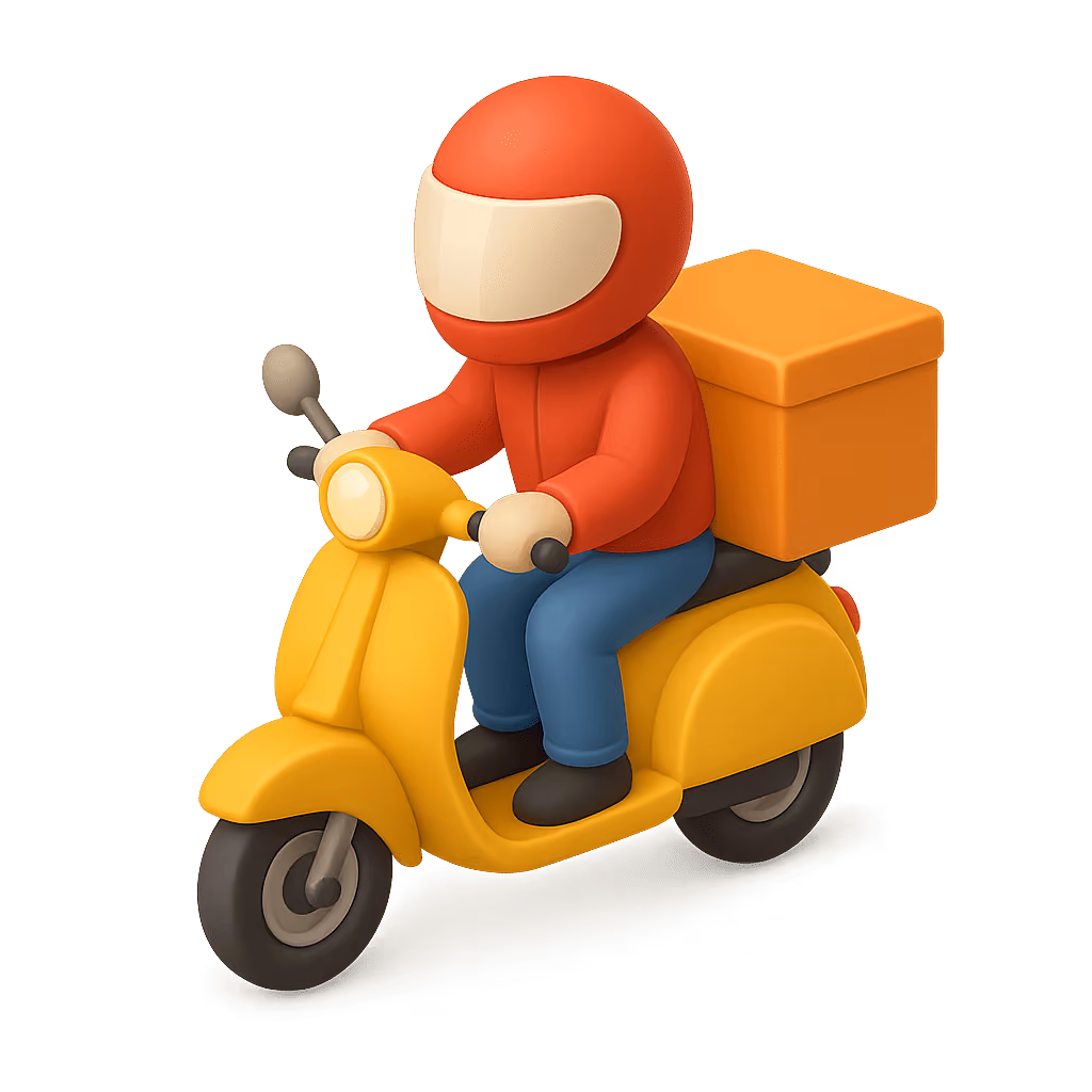 3D illustration of a delivery rider wearing an orange helmet and jacket, riding a yellow scooter with an orange delivery box on the back.