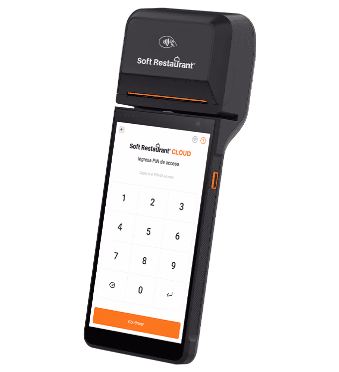 Handheld Soft Restaurant payment terminal displaying a PIN access screen with numeric keypad and an orange 'Continue' button.