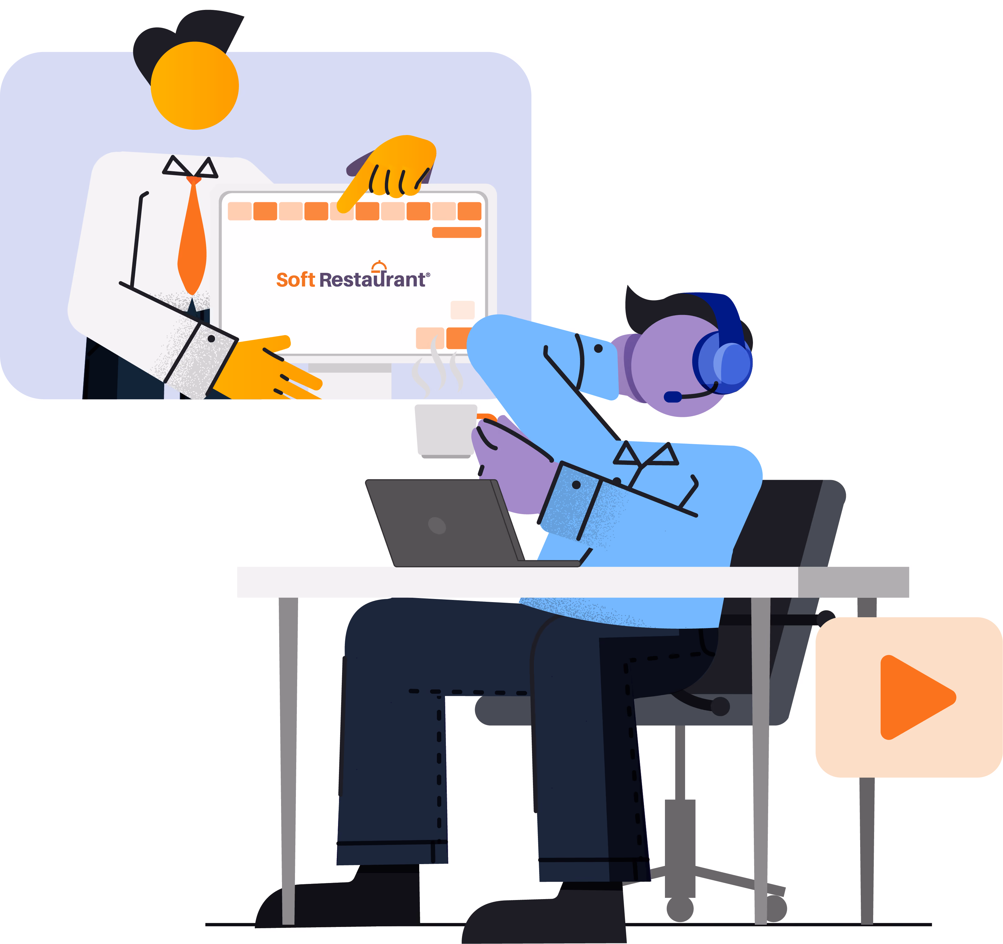 Illustration of a person wearing a headset sitting at a desk with a laptop and coffee cup, while another figure points at a screen displaying the SoftRestaurant logo.
