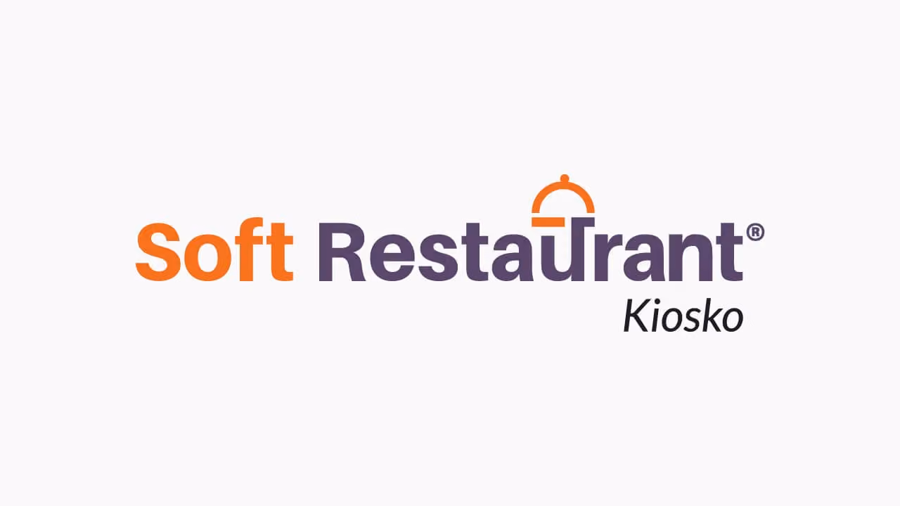 Logo for Soft RestauTant Kiosko with 'Soft' in orange and 'RestauTant' in purple featuring a serving cloche integrated into the letter T.