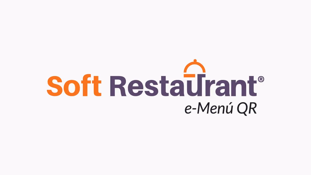 Logo with the words Soft Restaurant e-Menú QR, where the letter T is stylized as an orange cloche serving dome.