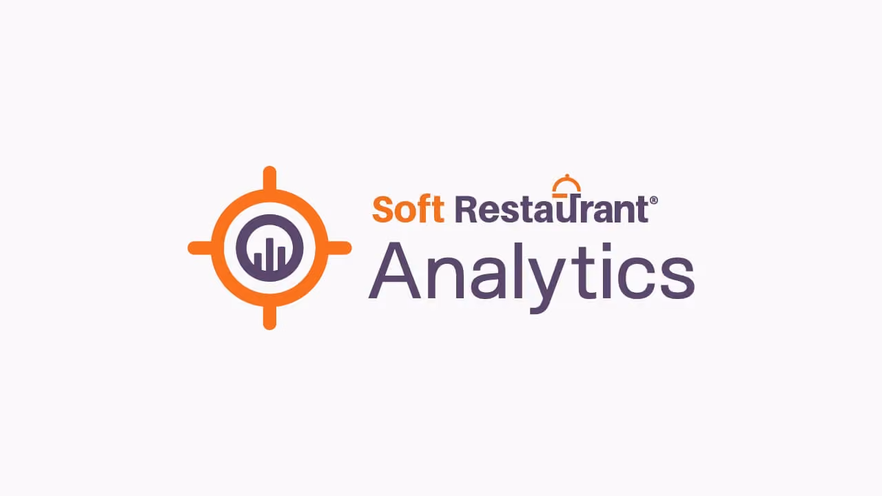 Soft Restaurant Analytics logo featuring an orange crosshair symbol with a purple bar chart inside, and the text 'soft Restaurant Analytics' with an accent on the 'u' in Restaurant.