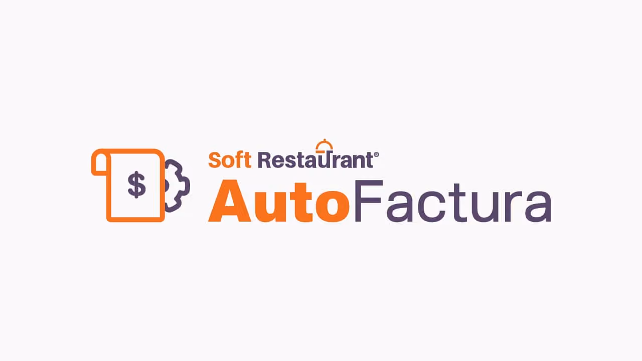 Soft Restaurant AutoFactura logo with an orange receipt icon featuring a dollar sign and a purple gear behind it.