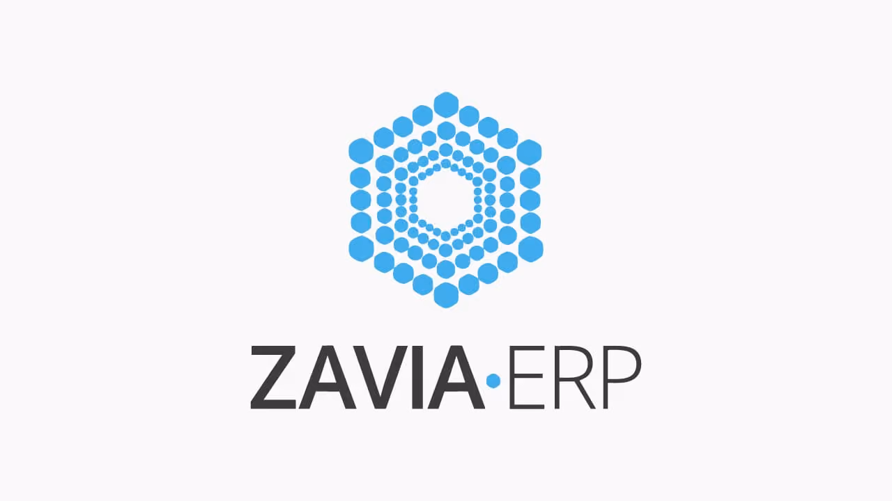 Logo of ZAVIA ERP featuring a blue hexagonal pattern made of dots above the text 'ZAVIA ERP' with a blue dot between ZAVIA and ERP.