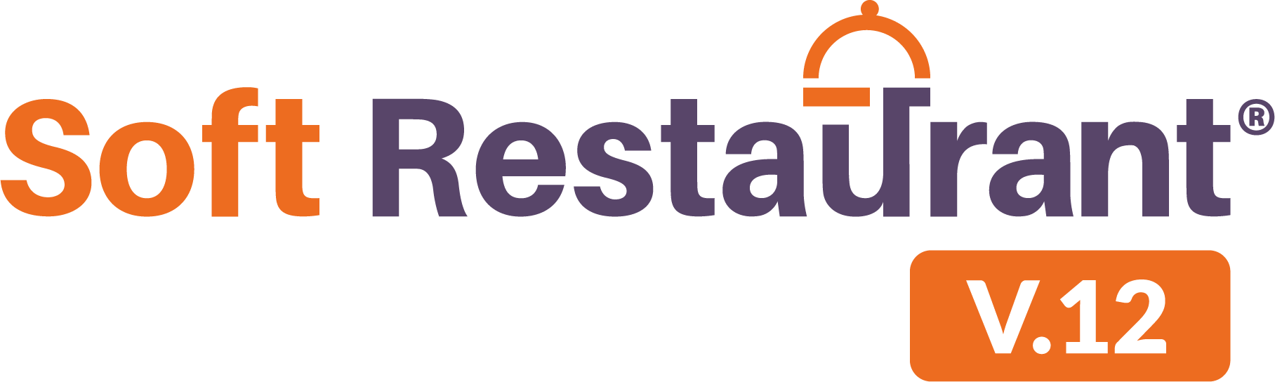 Logo with the text 'Soft Restaurant' where 'Soft' is in orange and 'Restaurant' is in purple, featuring a cloche icon integrated into the letter 'T', and an orange rounded rectangle with 'v.12' in white indicating version 12.