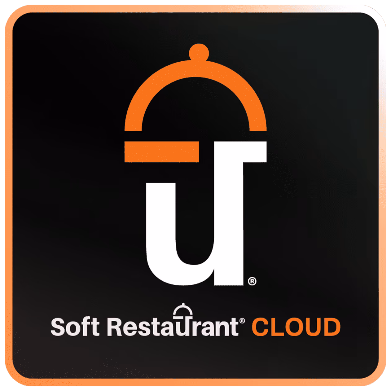 Soft Restaurant Cloud logo featuring a stylized letter 'u' with an orange cloche lid over it, on a black background with an orange border.