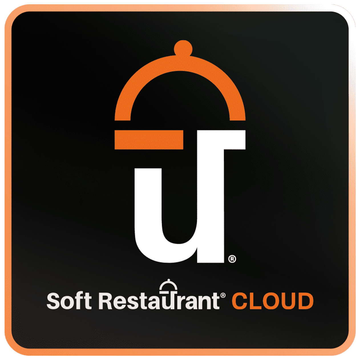 Soft Restaurant Cloud logo featuring a stylized letter 'u' with an orange cloche lid over it, on a black background with an orange border.