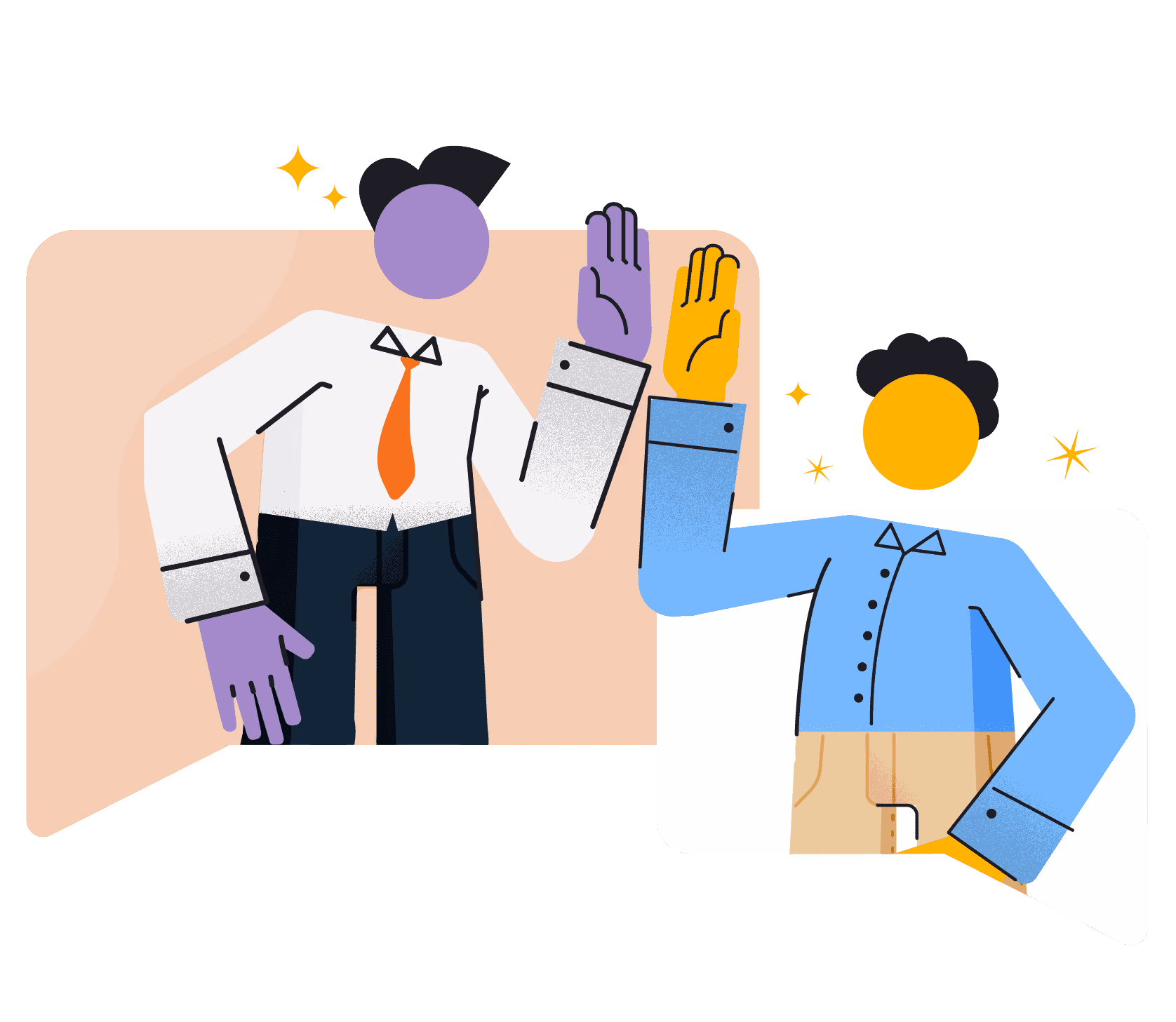Illustration of two faceless characters giving each other a high five with sparkling effects around their hands, one wearing a white shirt with an orange tie and dark pants, the other wearing a blue shirt and beige pants.