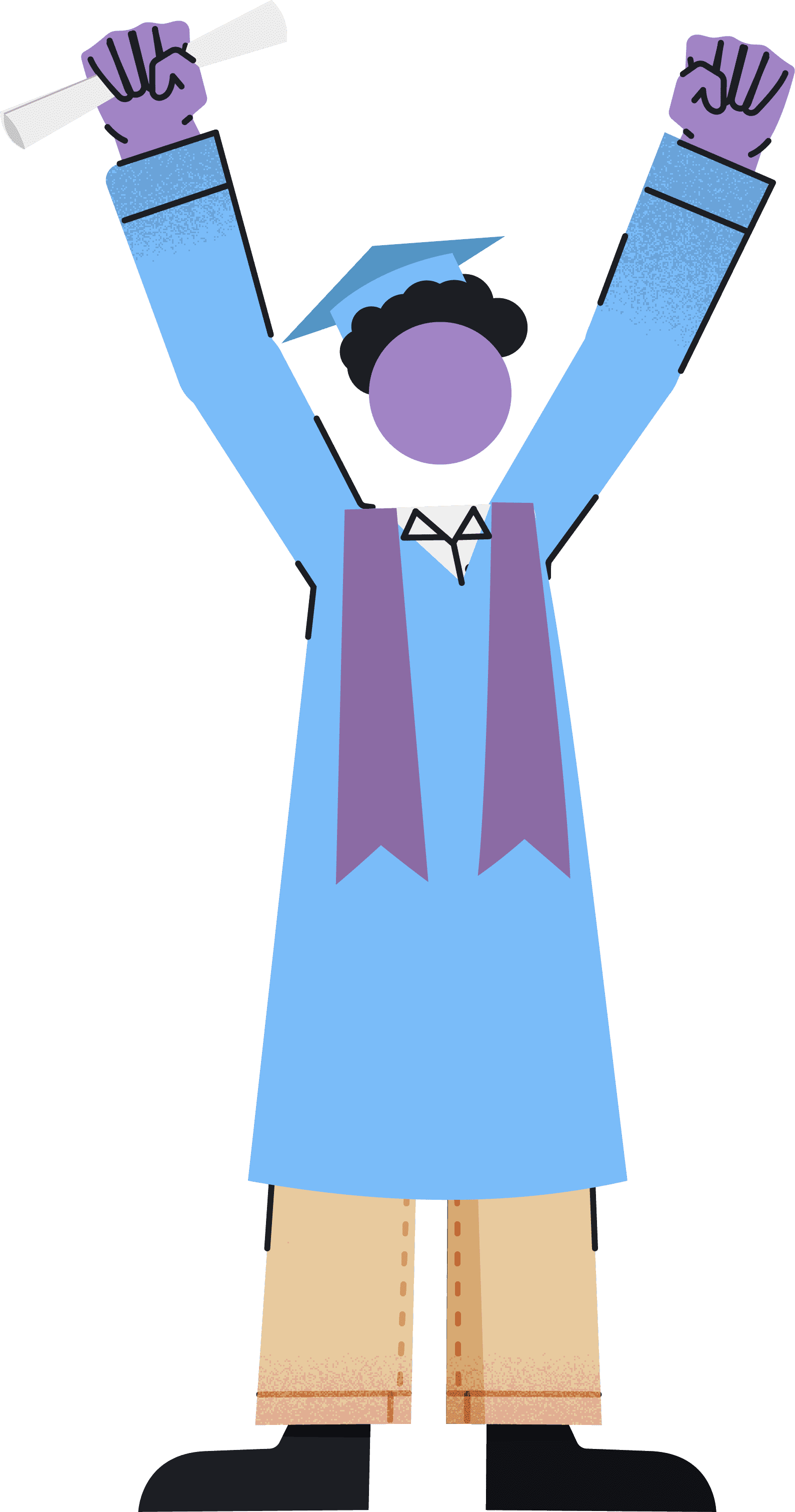 Ilustración de un graduado que lleva una toga azul, un birrete y una estola morada, y que levanta el título con una mano y el puño en señal de celebración.