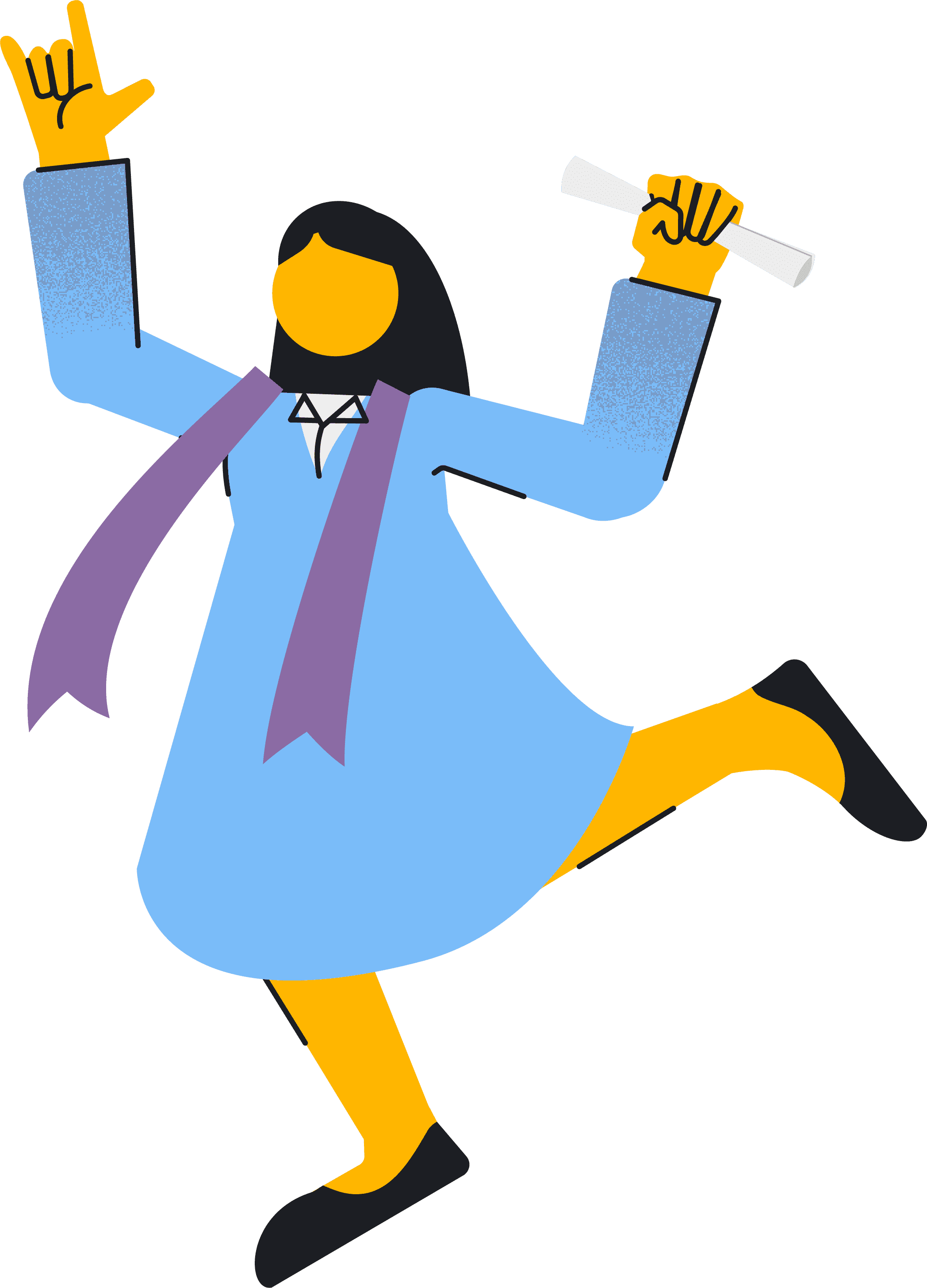Ilustración de una mujer recién graduada saltando de alegría, vestida con una toga azul y una estola morada, sosteniendo un título en una mano y haciendo un gesto de celebración con la otra.