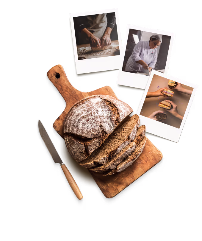 Tábua com pão e fotos