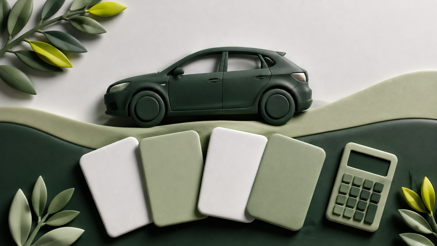 Illustration 3D d’une voiture verte au-dessus de cartes vierges, à côté d’une calculatrice.