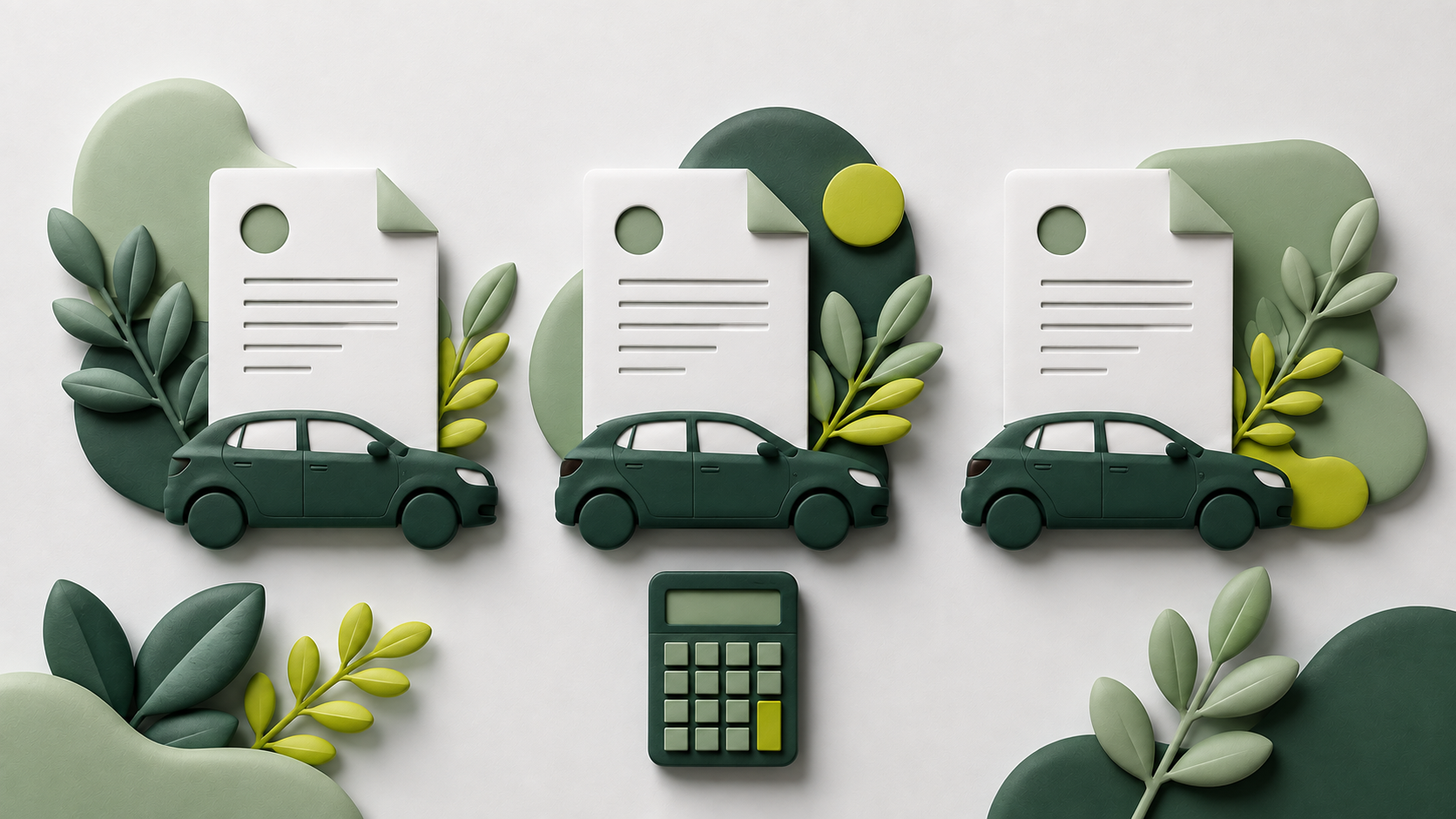 Illustration 3D de trois voitures vertes devant des documents, avec une calculatrice.