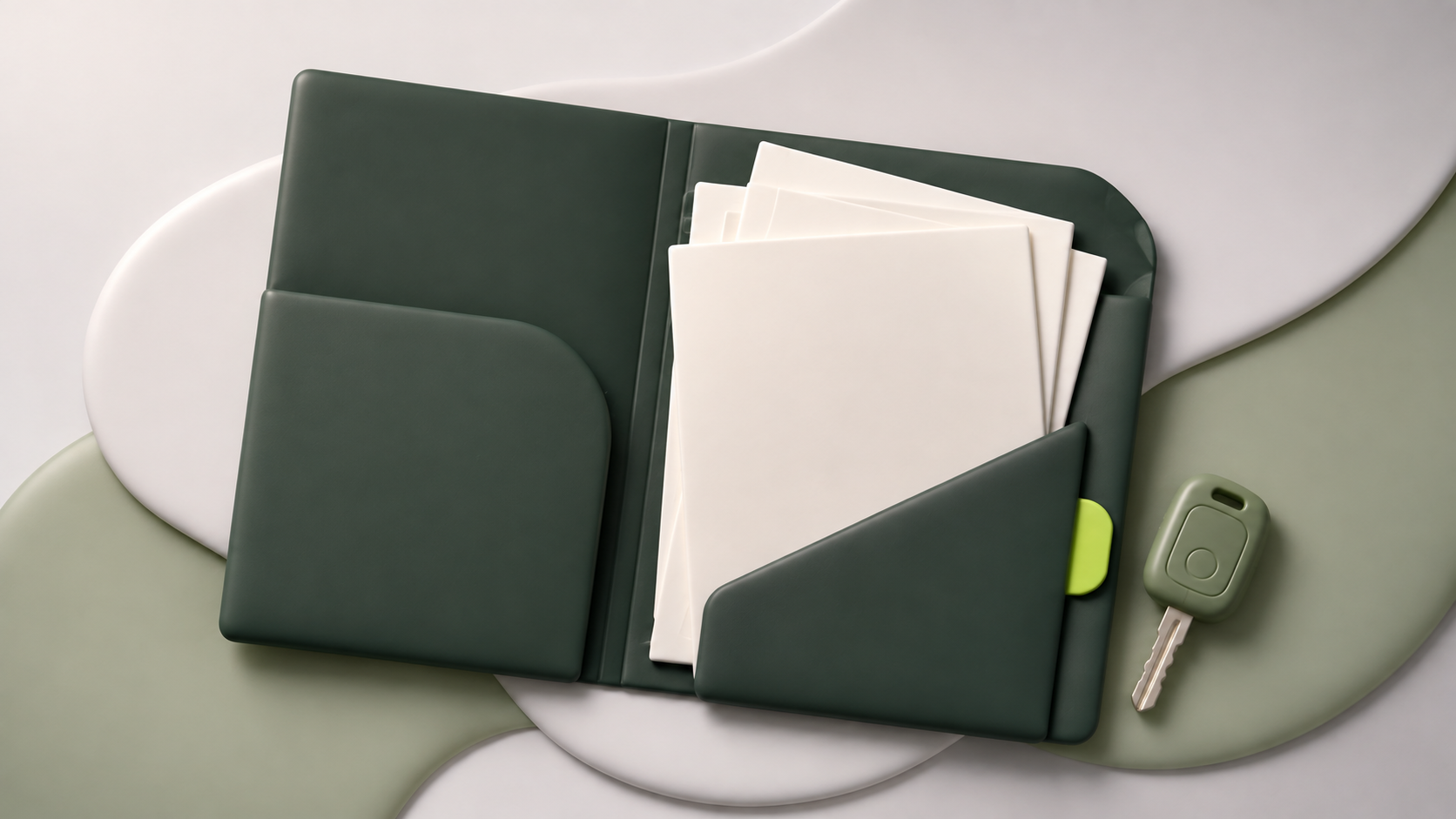 Illustration 3D d’un dossier vert ouvert contenant des feuilles vierges, accompagné d’une clé de voiture.