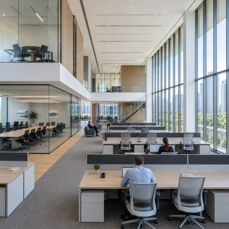 Modern open office with mostly empty desks — insurance portfolio case study