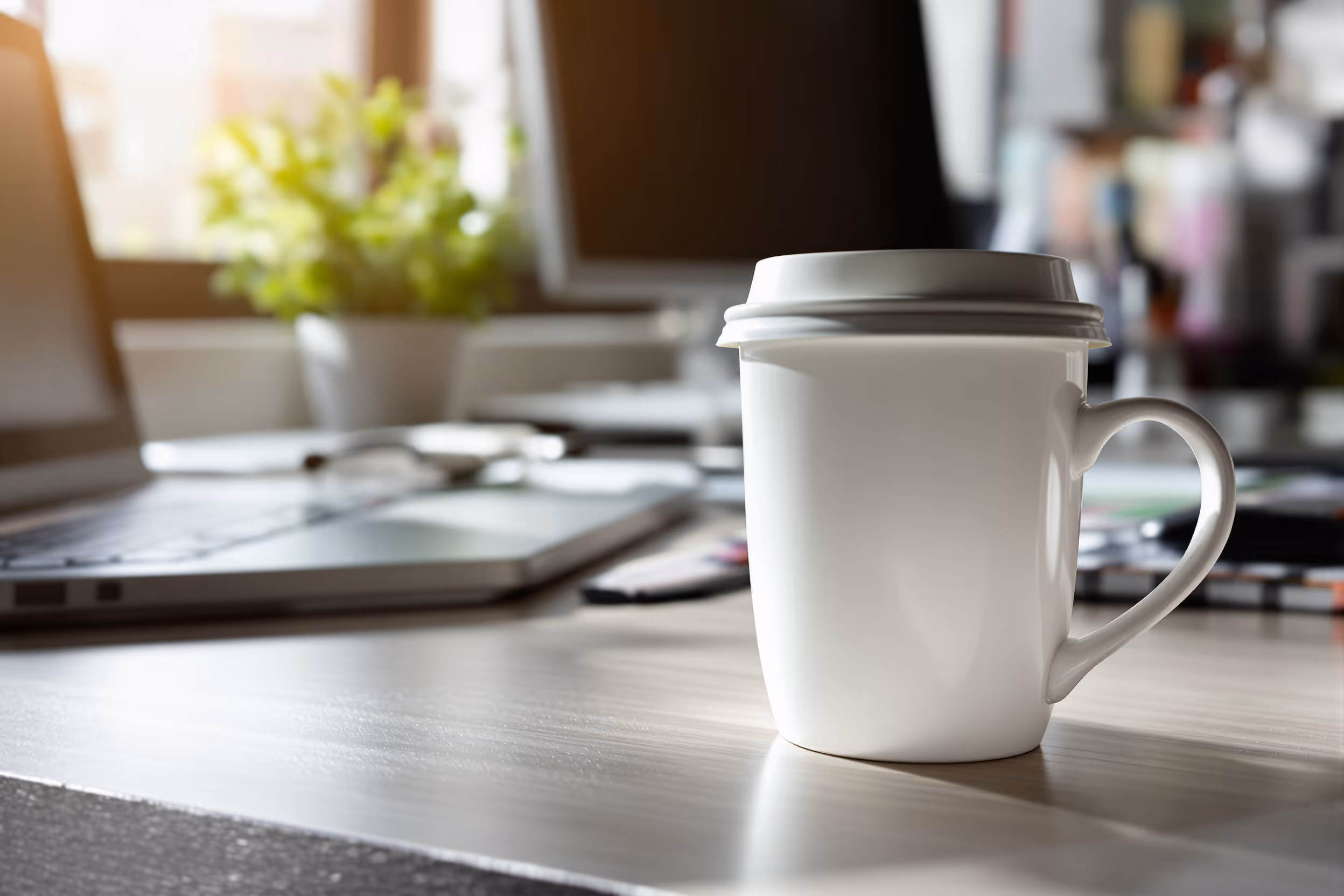 Coffee cup on an office desk under natural light, illustrating coffee badging and attendance analytics in hybrid workplaces.