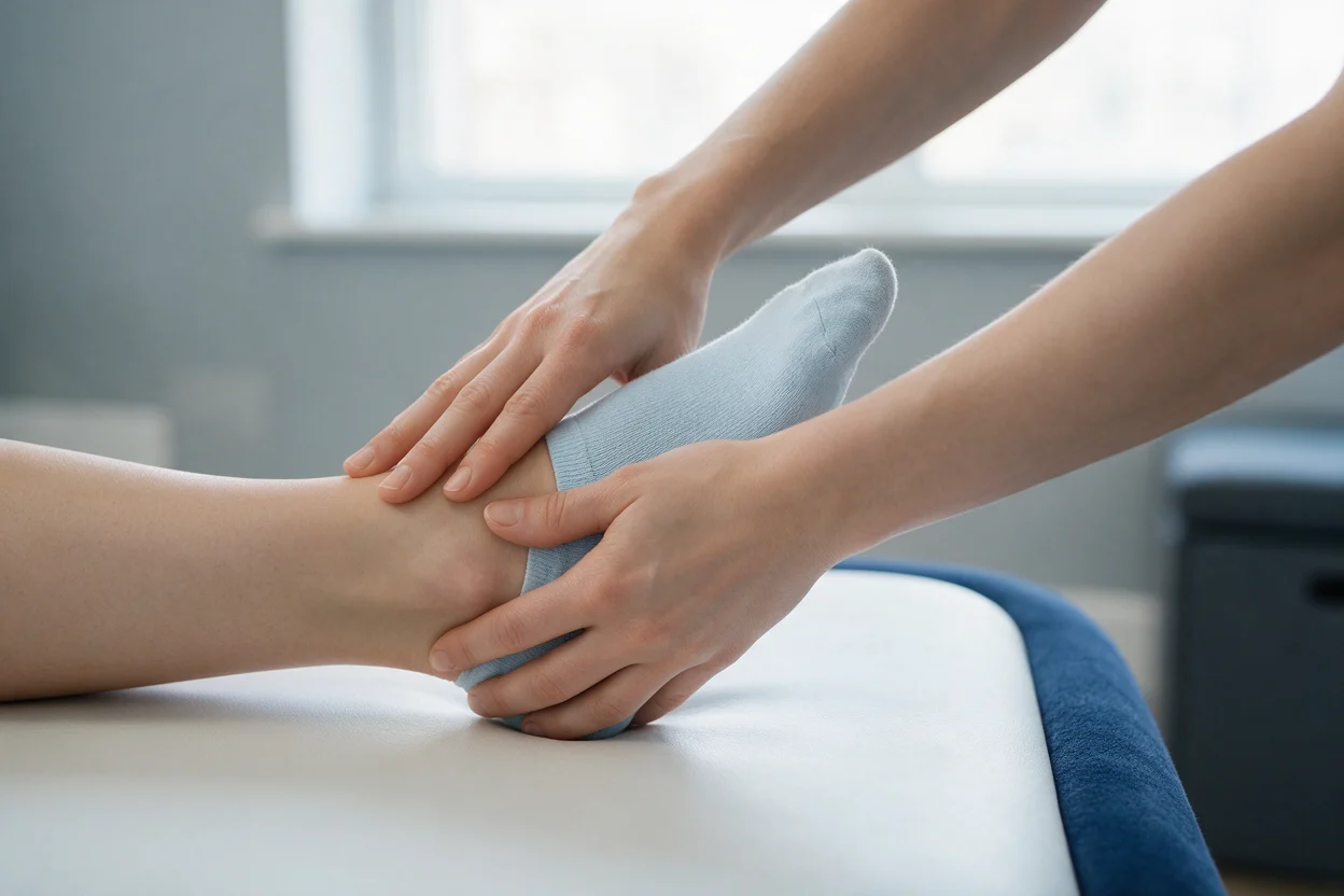 Physiotherapist mobilising a patient's ankle at EW Physio, Bury St Edmunds
